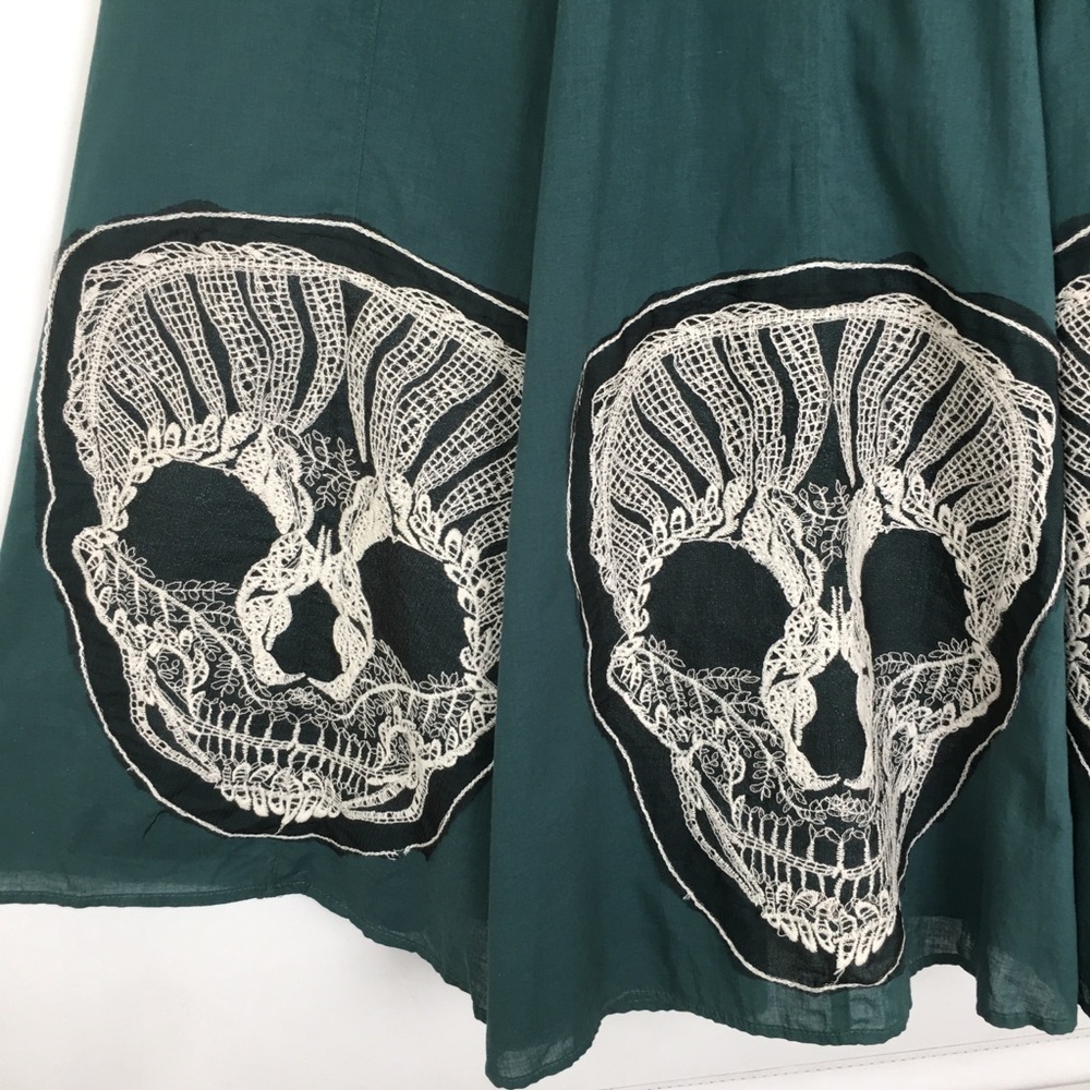 Emerald Green Maxi Skirt Skull Lace Appliqué Cream Gauze Peasant Top Rockabilly - Picture 4 of 15